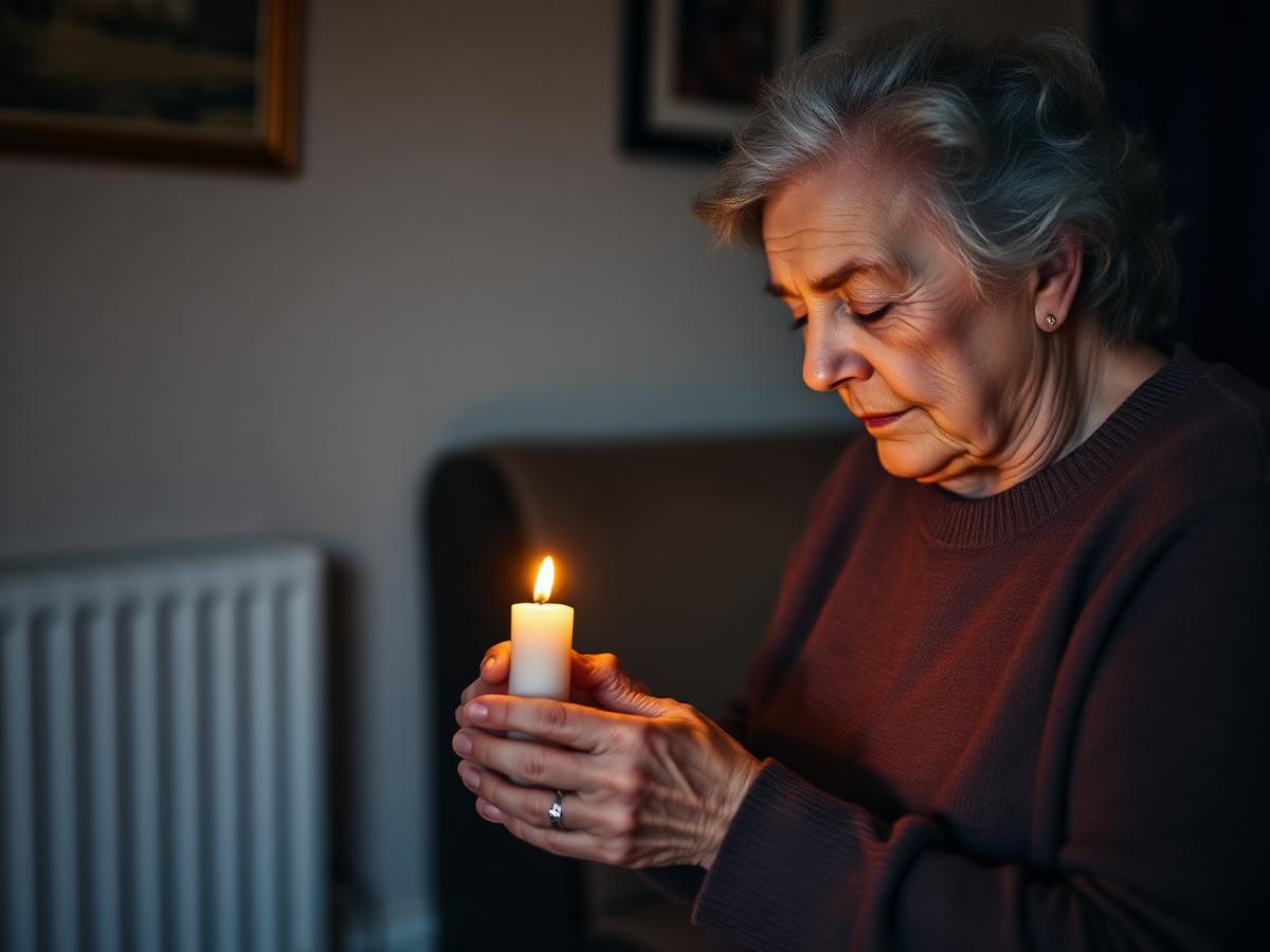 A widow holding a small candle in remembrance